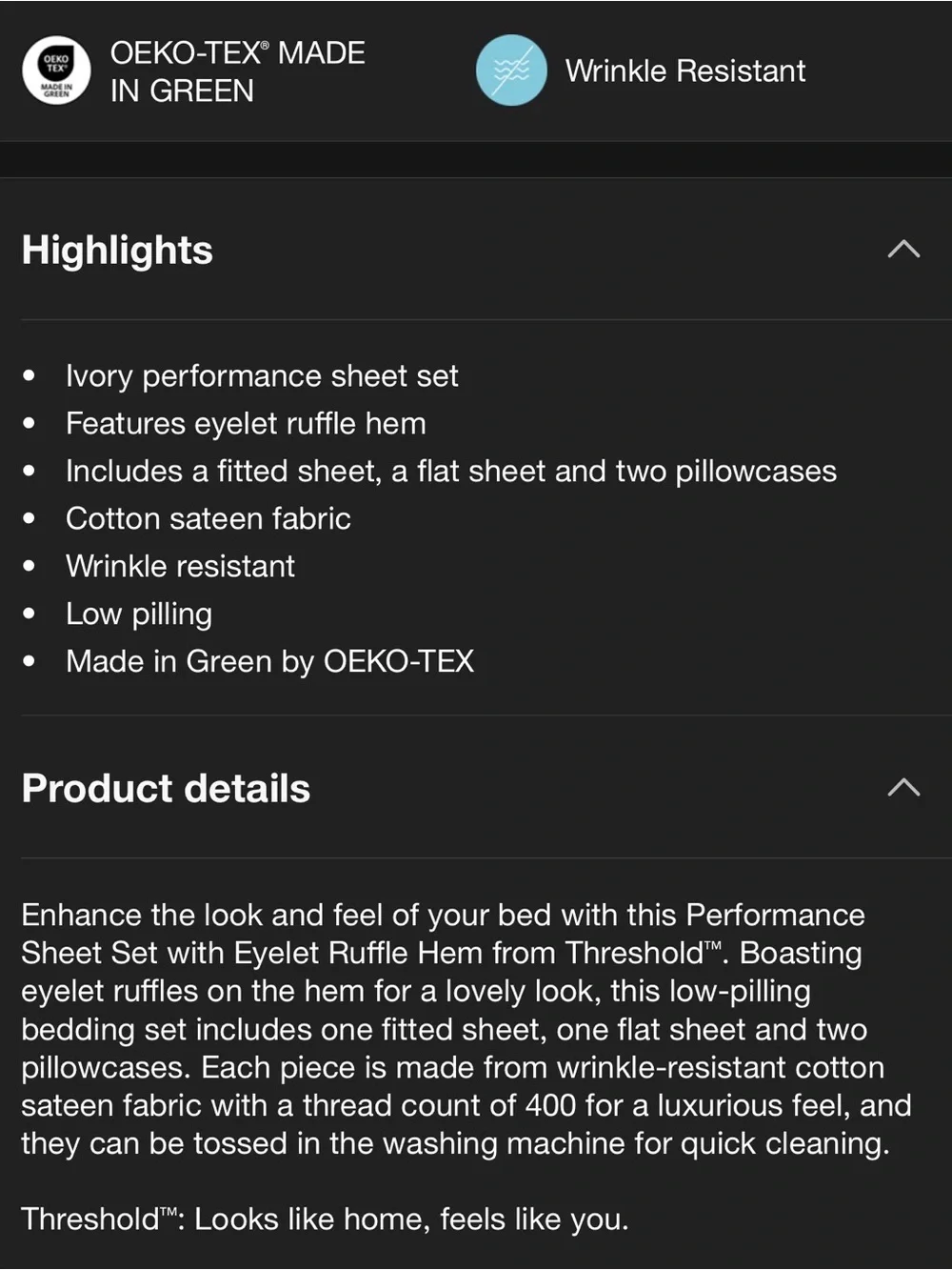 King 400 Thread Count Performance Sheet Set Ivory Eyelet Ruffle Threshold
